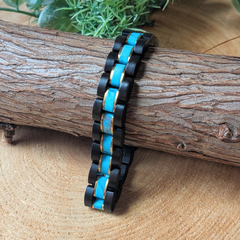 【木製ブレスレット】EINBAND Wood Bracelet 天然木ブレスレット ターコイズ×サンダルウッド - 手鍊/手環 - 木頭 咖啡色
