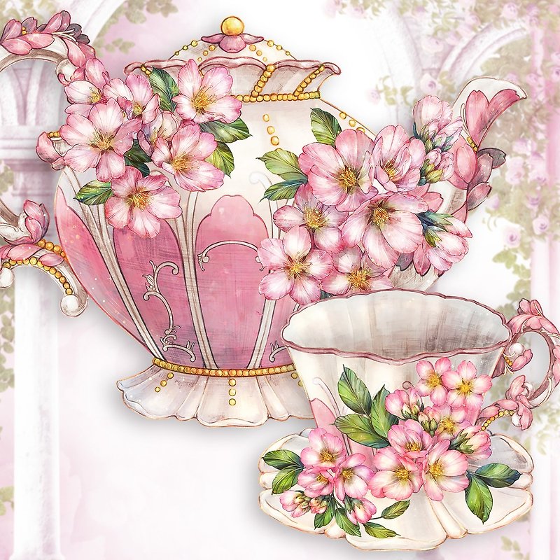 (限定販売)Cherry blossom Tea pot & Tea cup ステッカー - シール - 紙 