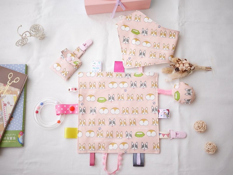 Corgi ass Miyue gift box soothing towel six gauze triangle saliva towel safe charm bag - Baby Gift Sets - Cotton & Hemp Pink