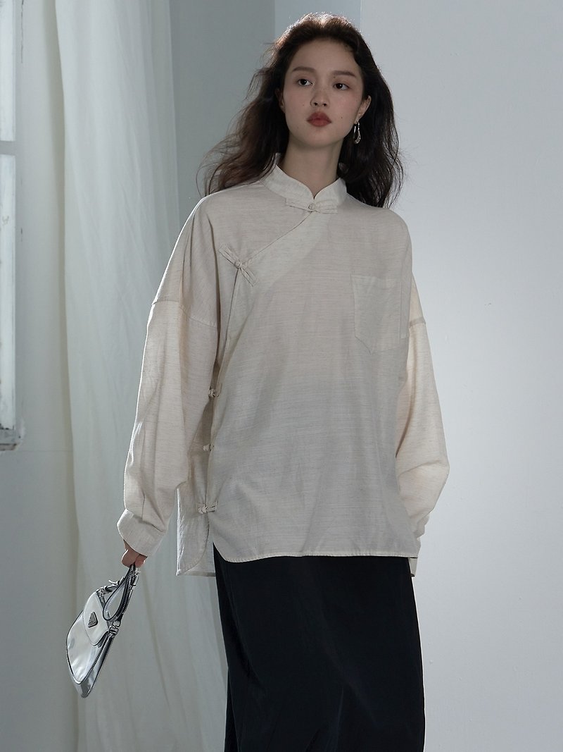 Zen Pāra New Chinese Linen oblique collar improved top - เสื้อผู้หญิง - วัสดุอื่นๆ ขาว