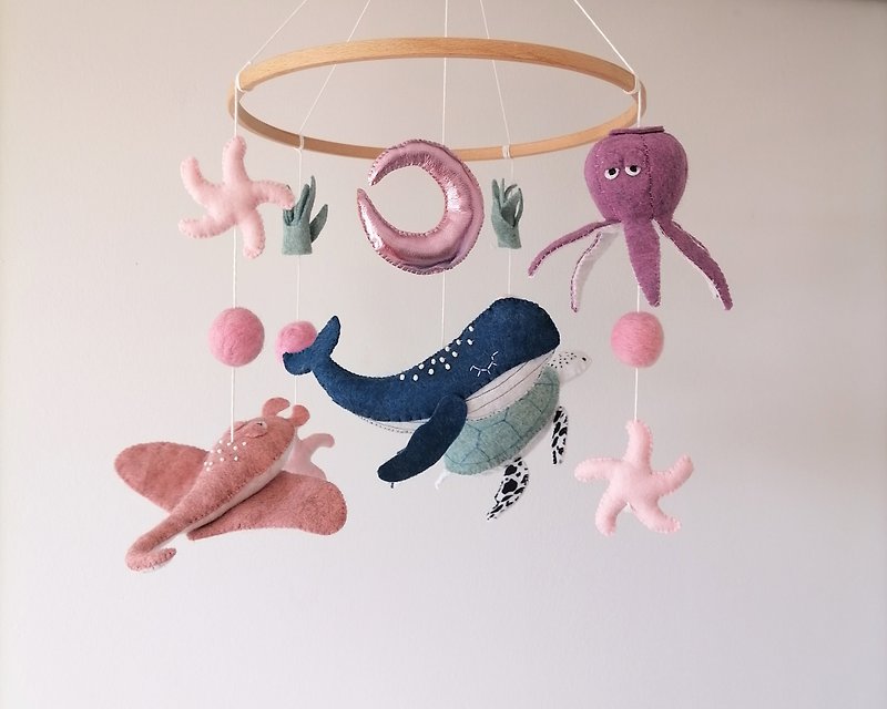Ocean Mobile For Baby Girl Nursery,Felt Sea Animals Crib Mobile,Pink Cot Mobile - 嬰幼兒玩具/毛公仔 - 其他材質 粉紅色