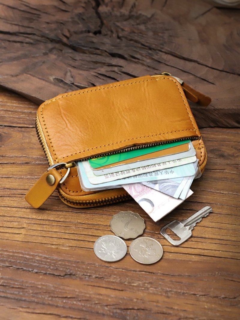 Genuine Leather Card Wallet Portable Housekeeper Key Holder Car Key Chain - กระเป๋าใส่เหรียญ - หนังแท้ สีเหลือง