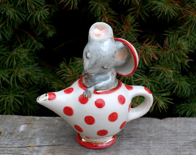Alice in Wonderland Dormouse Porcelain figurine Sleeping mouse in teapot Alice - Items for Display - Pottery Multicolor