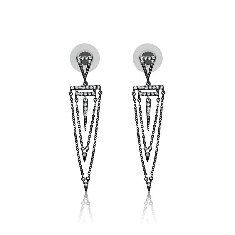 Black Double Chain Diamond Earring - Earrings & Clip-ons - Other Metals Black