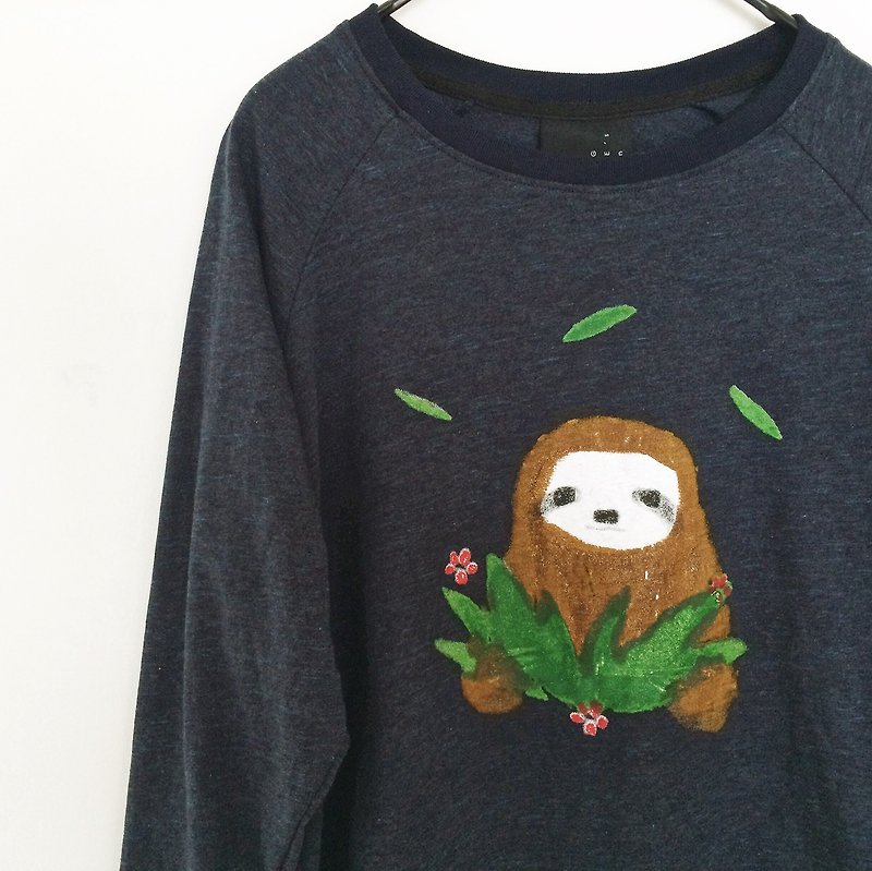 Hello Sloth - Long sleeve Top Shirt - 女 T 恤 - 棉．麻 黑色
