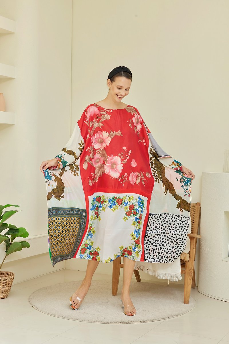 絲．絹 洋裝/連身裙 紅色 - Silk Scarves Patchwork Kaftan, Women Plus Size, Floral Vintage, Designer Caftan