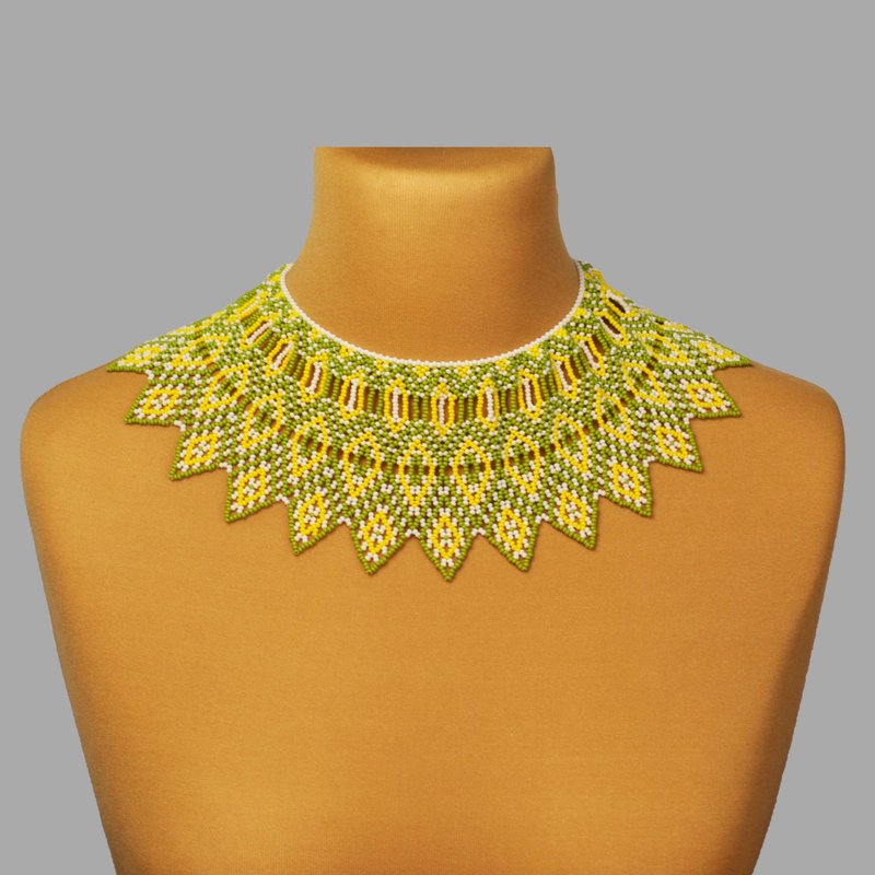 Native bead collar necklace, Olive and yellow necklace, - 鎖骨鍊 - 玻璃 黃色