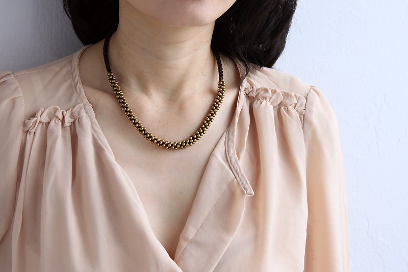 Brass Beaded Woven Short Necklaces Brown Cotton Cord Ethnic Necklaces - Necklaces - Copper & Brass Gold