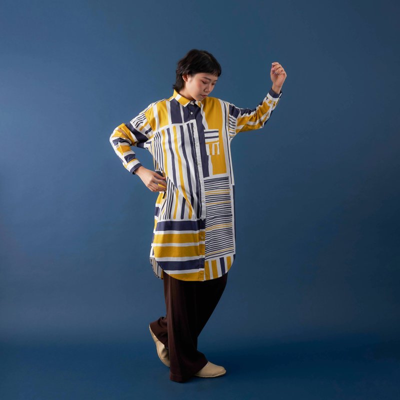 Printed long shirt/tin house yellow and blue - เสื้อเชิ้ตผู้หญิง - ผ้าฝ้าย/ผ้าลินิน สีดำ