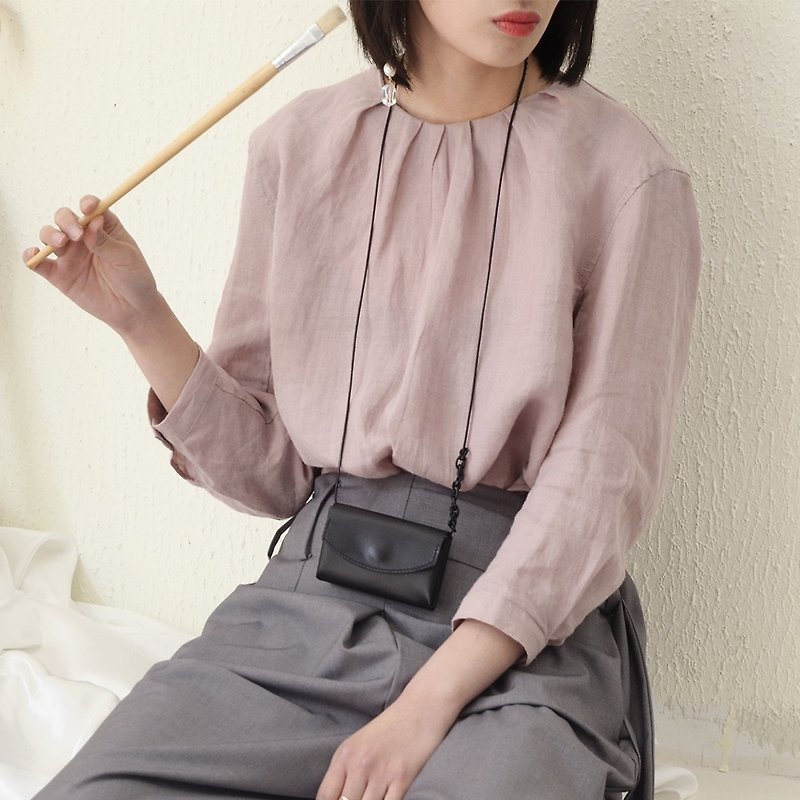 Cherry Blossom Linen Sleeve Linen Shirt | Linen | Tencel | Indie Brand |Sora-127 - เสื้อเชิ้ตผู้หญิง - ผ้าฝ้าย/ผ้าลินิน สึชมพู
