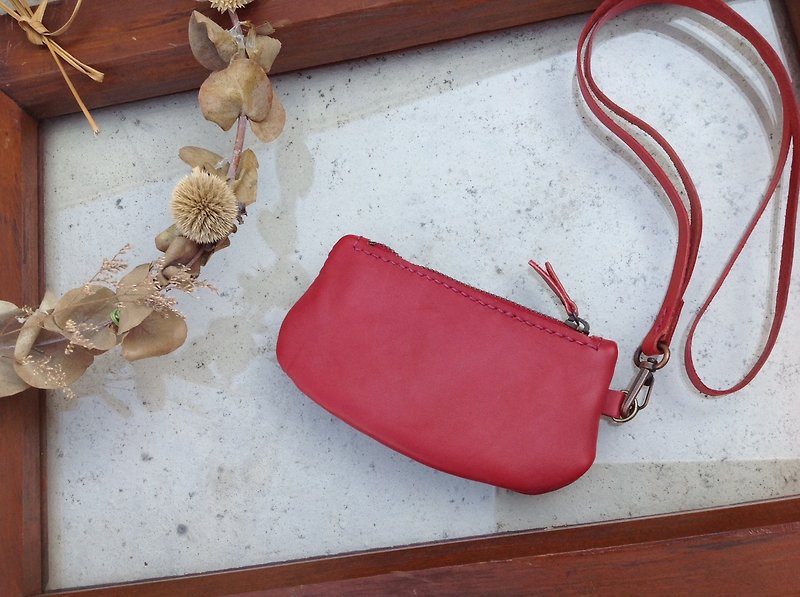 Zip coin purse, hanging, hand-stitched, leather reddish - Coin Purses - Genuine Leather Red