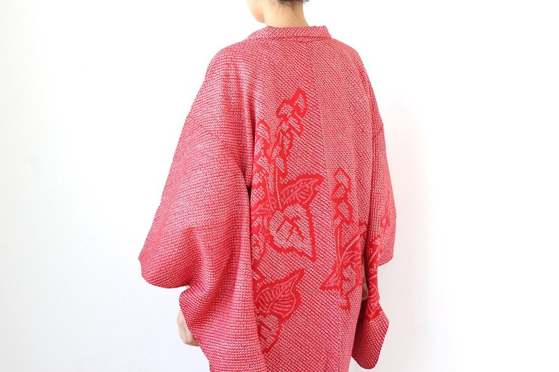 red Shibori kimono, EXCELLENT VINTAGE, kimono robe, haori /4052 - ジャケット - シルク・絹 レッド