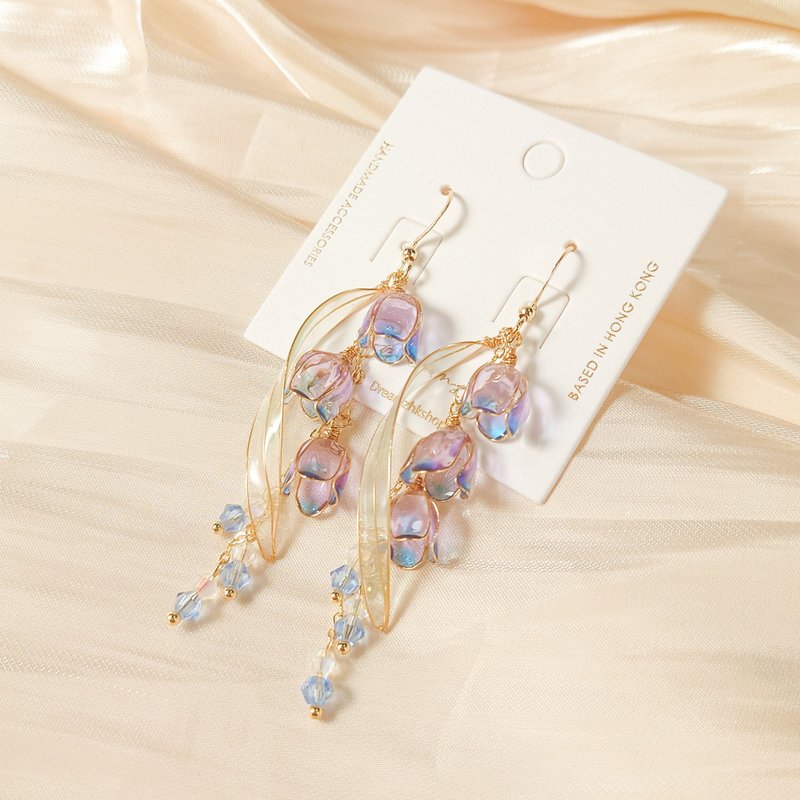 Bronze Purple Blue Valley Lily Amphibole Crystal Earrings - ต่างหู - ทองแดงทองเหลือง สีม่วง