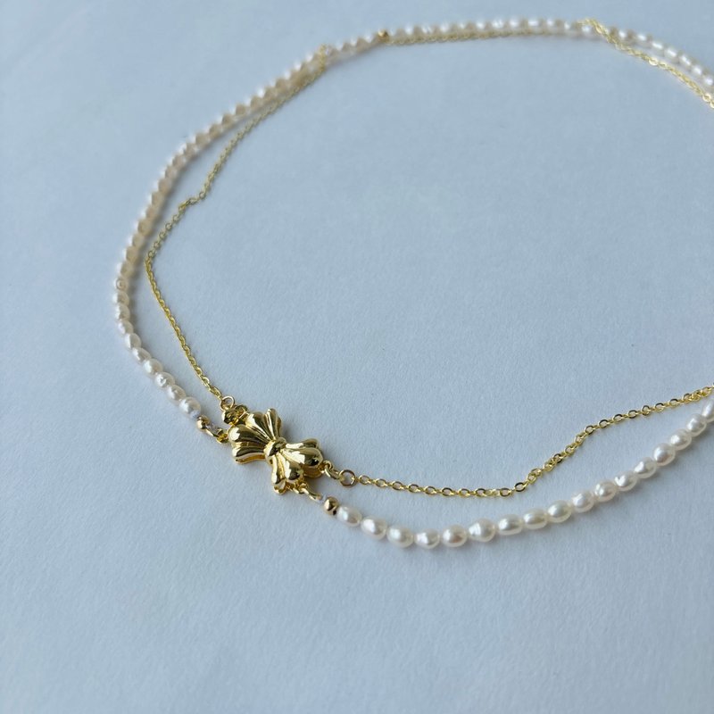 雙層 淡水珍珠 項鍊 蝴蝶結扣環 14KGF 鎖骨鍊 - 項鍊 - 珍珠 白色