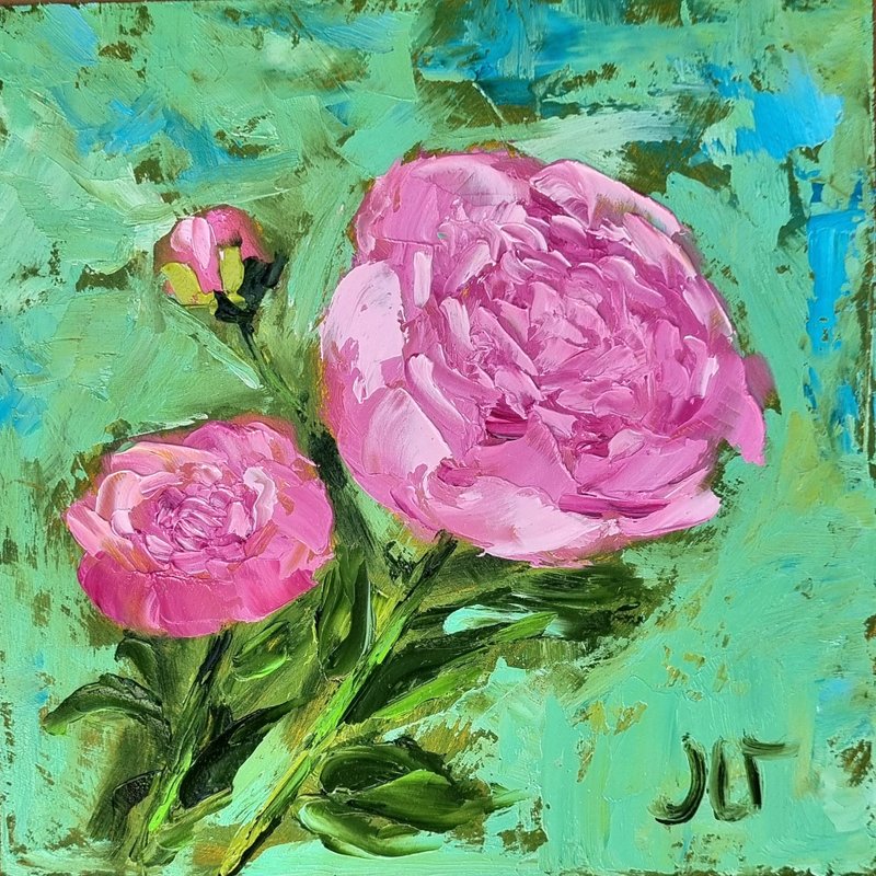 Original Oil Painting Pink Peony Floral Still life Impasto Wall Art 20x20 cm - Wall Décor - Other Materials Multicolor