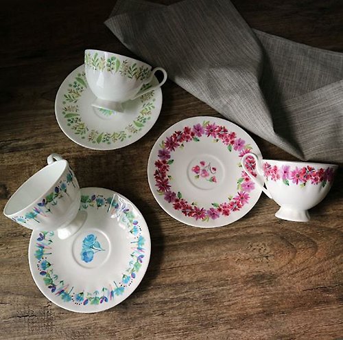 陶緣彩瓷 骨瓷午茶杯-療癒花茶杯碟3入組 下午茶/溫莎杯碟組