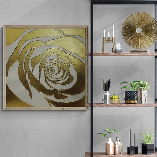 JuliaKotenkoArt Large Wall Decor Gold Rose Textured Abstract Painting on Canvas with Gold Leaf