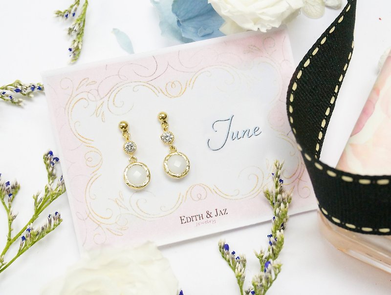 Edith & Jaz • Birthstone with CZ Collection-White Opal Quartz Earrings (Jun) - Earrings & Clip-ons - Gemstone White