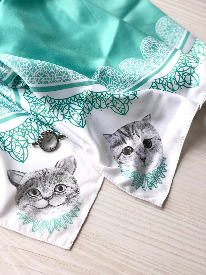 adc | party animal | blue green | cat | imitation scarf (small) - ผ้าพันคอ - ผ้าไหม สีน้ำเงิน