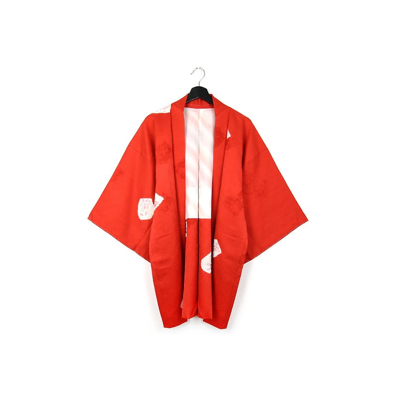 緑の日本に戻って、赤い/ヴィンテージの着物を羽織った - ジャケット - シルク・絹 