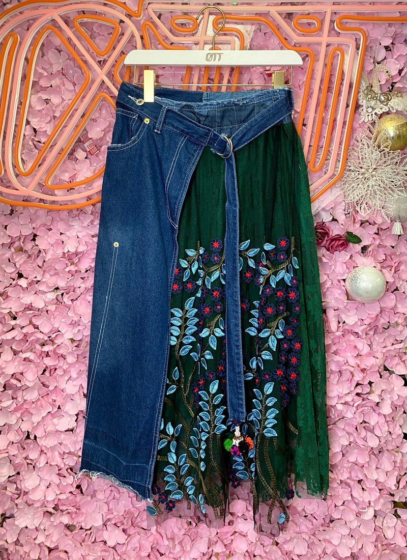 OTT Unique•Unique forest-style ethnic blue-green embroidered lace pleated denim skirt - Skirts - Cotton & Hemp Multicolor