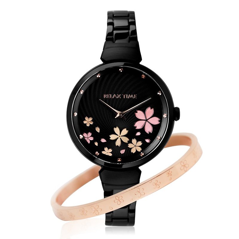 RELAX TIME Sakura series black (RT-66-7) gift bracelet - นาฬิกาผู้หญิง - สแตนเลส สีดำ