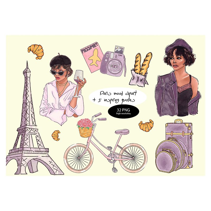 Paris mood clipart.Travel set 32 high quality PNG. France lovers. - ภาพวาดพอร์ทเทรต/ภาพวาด/ภาพประกอบดิจิทัล - วัสดุอื่นๆ 