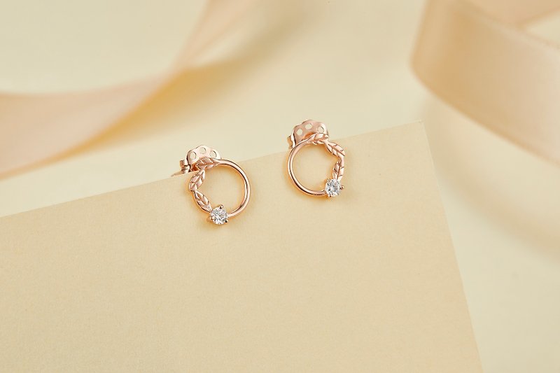 【PurpleMay Jewellery】18k Rose Gold Leaves Diamond Stud Earring E007 - Earrings & Clip-ons - Diamond Gold