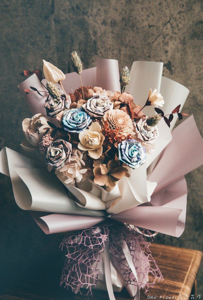 鈔票花束/鈔票玫瑰花束/有錢花花束/紙鈔花束/錢花花束/生日花束 - 乾燥花/永生花 - 植物．花 紫色