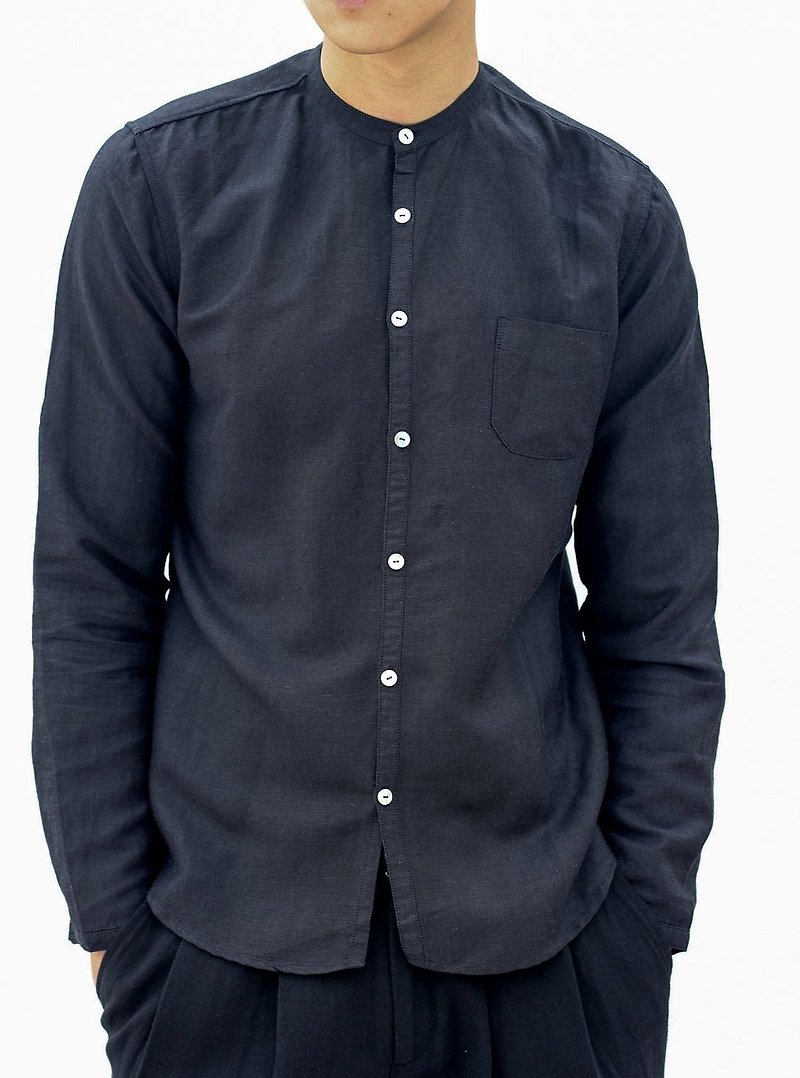 Stand Collar Linen Shirt - เสื้อเชิ้ตผู้ชาย - กระดาษ สีดำ