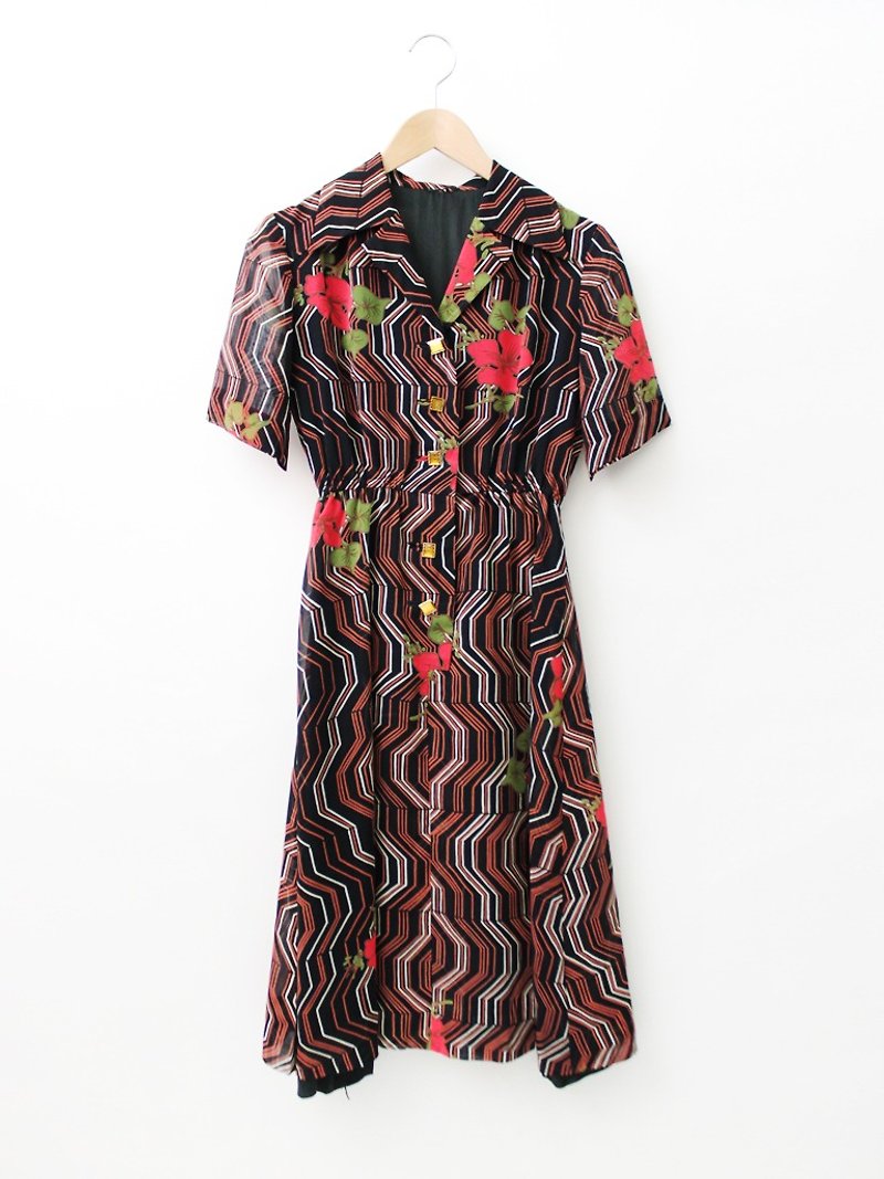 [RE0614D1278]昭和初夏の風のレトロな幾何学的な花半袖黒のヴィンテージドレス - ワンピース - ポリエステル ブラック