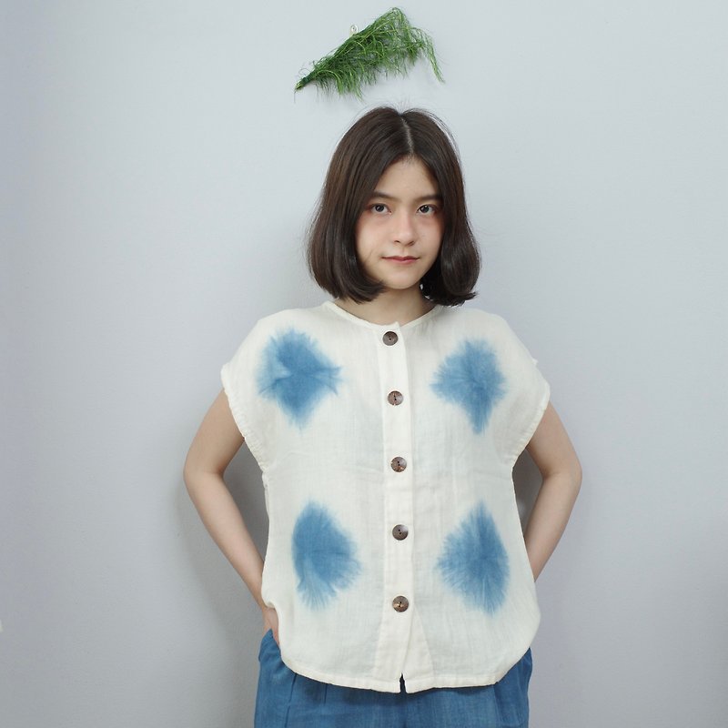 indigo drop soft blouse / cap-sleeve shirt 100% cotton natural dye - Women's Tops - Cotton & Hemp White