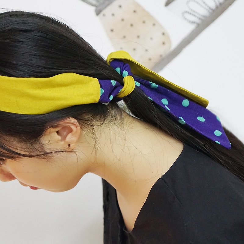 鹿栗塔Japan cotton and linen hair band purple wave point retro color matching bow elastic hair band multi-purpose headband - ที่คาดผม - ผ้าฝ้าย/ผ้าลินิน 