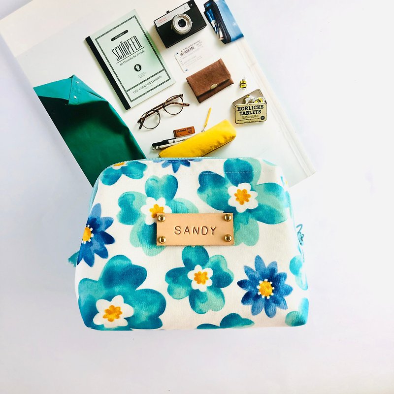 Hand-painted blue and fat gold bag / comes with free printed letter leather label - Toiletry Bags & Pouches - Cotton & Hemp Blue