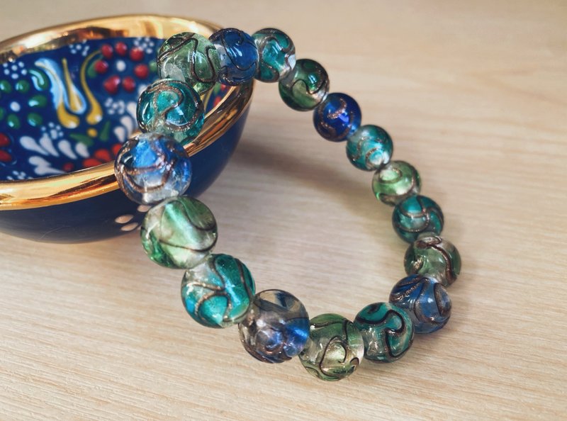 [Glass Series] 10MM Teal Twisted Glazed Bead Bracelet - Bracelets - Colored Glass Blue