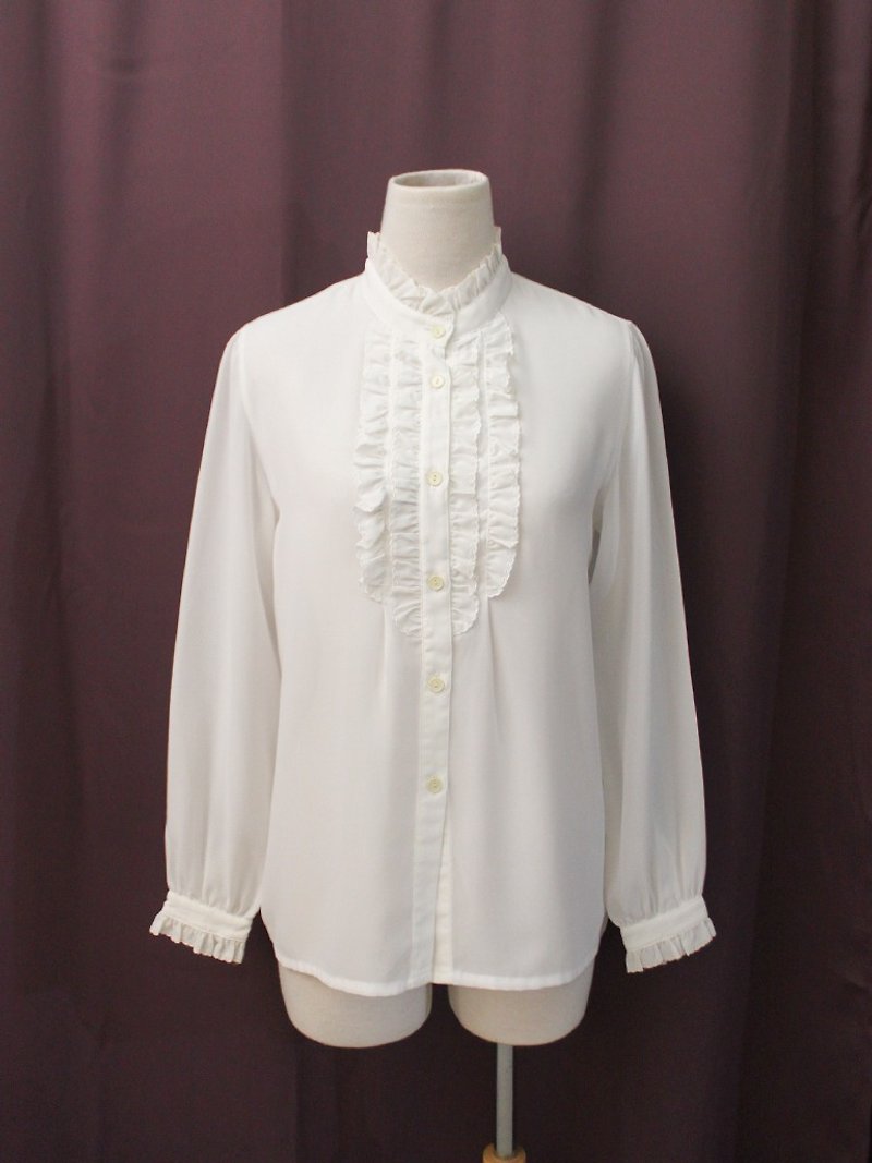 復古日本製典雅法式浪漫花邊立領白色長袖古著襯衫Vintage Blouse - 恤衫 - 聚酯纖維 白色