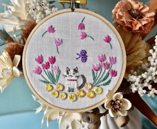 布製好時光 新手刺繡材料包-法式刺繡-鬱金香與小貓咪