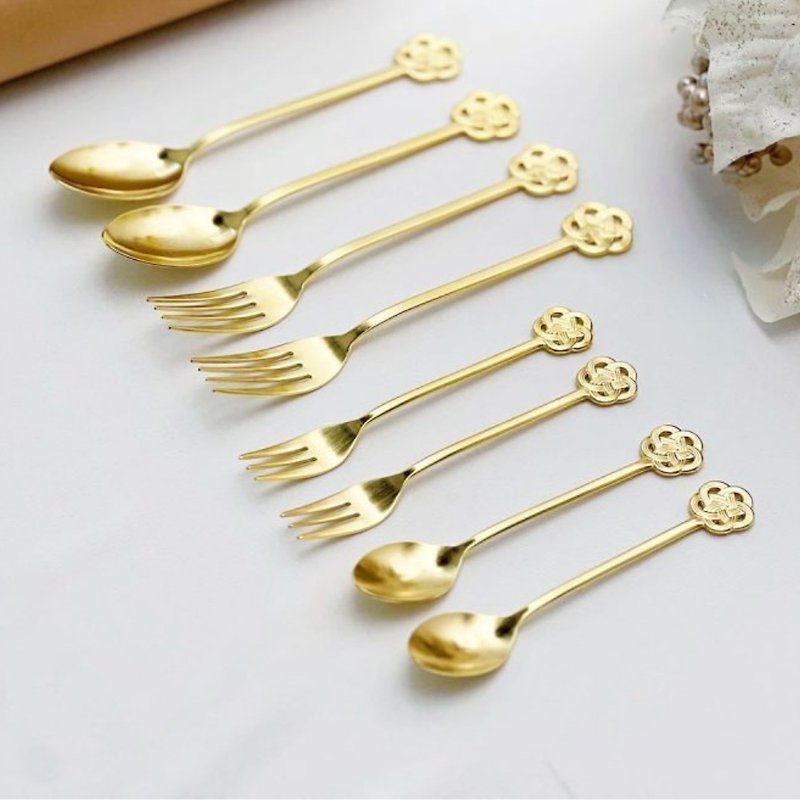 Japanese Mizuhiki Knot Stainless Steel Cutlery 8-Piece Gift Set - ช้อนส้อม - วัสดุอื่นๆ สีทอง