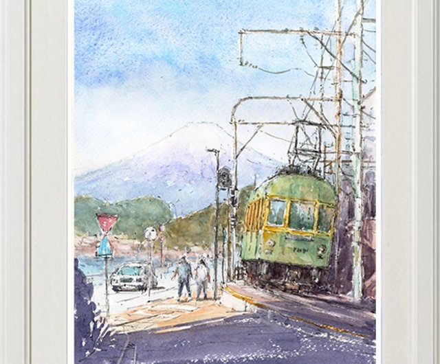 水彩画原画　富士山と江ノ電・七里ガ浜 ☆水彩画☆原画「湘南・七里ヶ浜からの富士山と江ノ電」#639