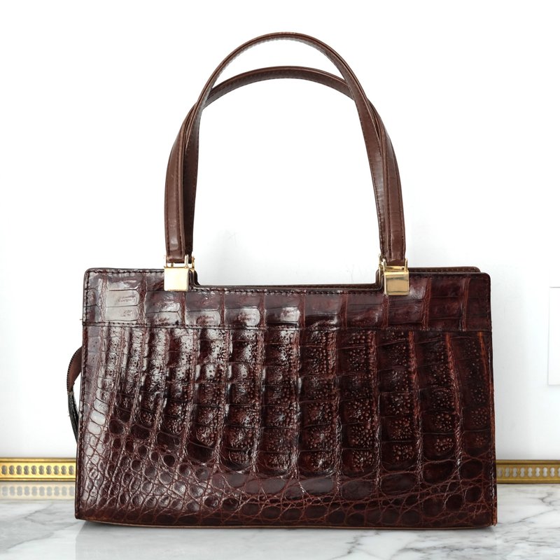 French Vintage Crocodile Leather Long Bag - Handbags & Totes - Genuine Leather Brown