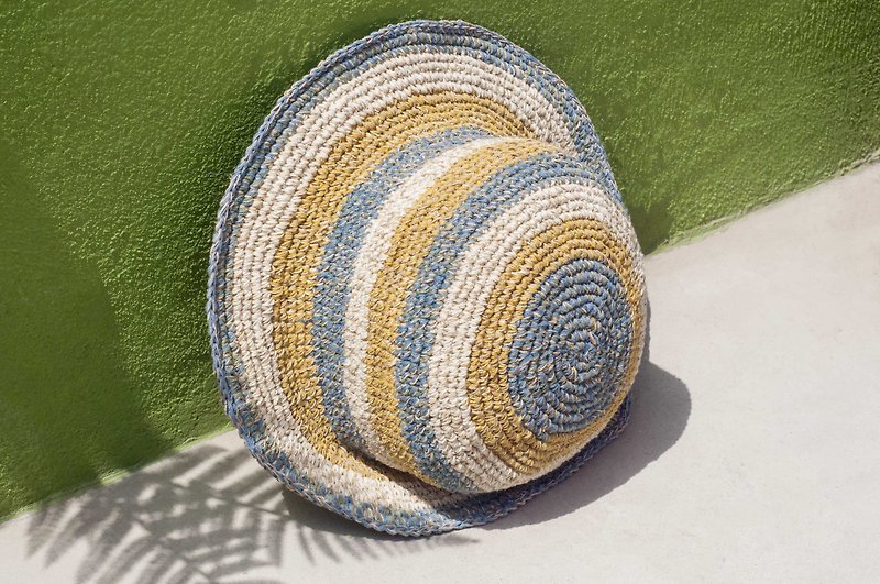 手編みの綿とリネンキャップのニット帽漁師の帽子太陽の帽子の帽子 - フランスの青空のストライプの帽子 - 帽子 - コットン・麻 ブルー