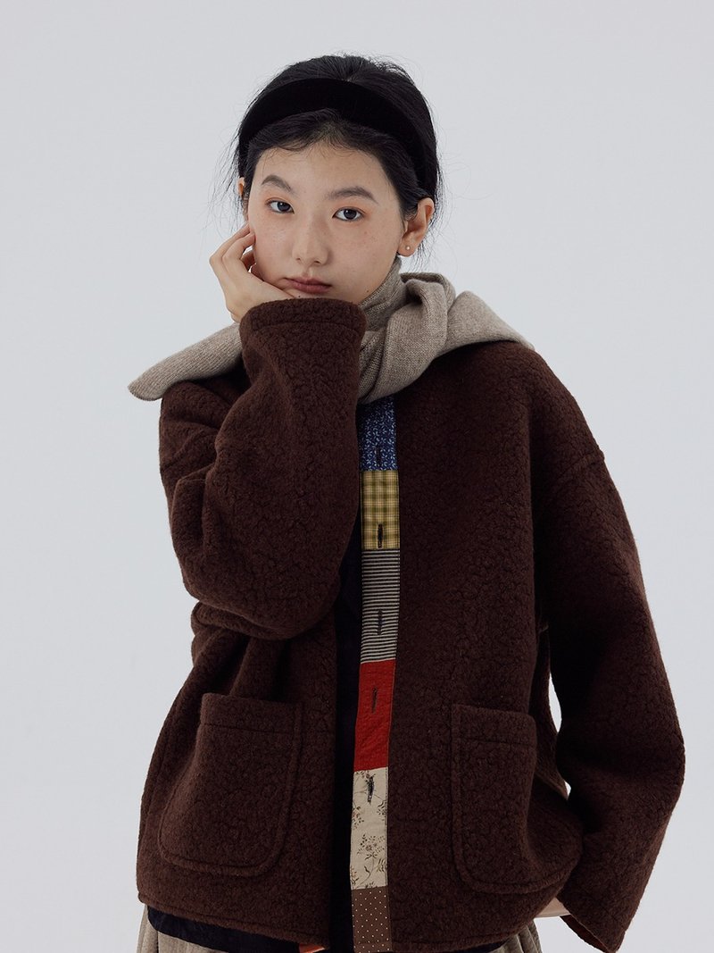 棕色羊毛拼布秋冬厚毛呢外套 - 女大衣/外套 - 羊毛 多色