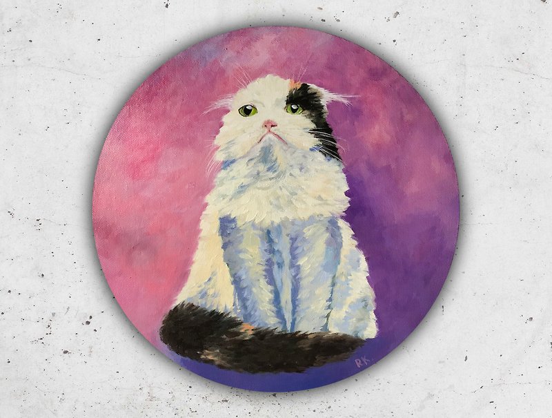 White cat painting, Original oil art on round canvas, Pet portrait home decor - 壁貼/牆壁裝飾 - 其他材質 多色