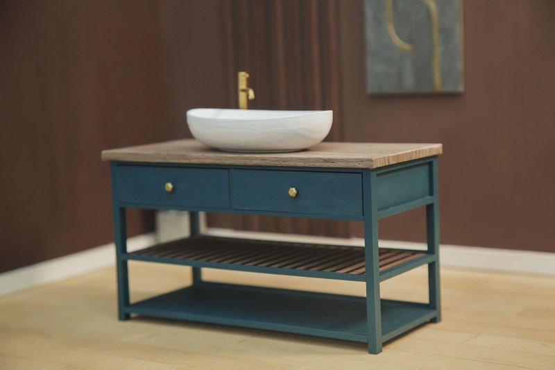 Miniature bathroom vanity sink cabinet 1/6 scale. Furniture for dollhouse - 公仔/玩偶 - 木頭 綠色