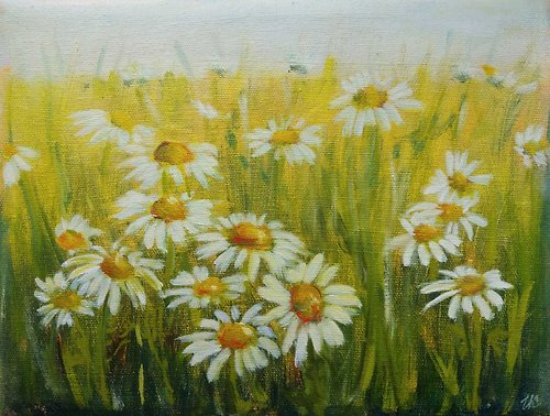 Diven.art Original oil painting on canvas Landscape with daisies flowers 24x18 centimeters