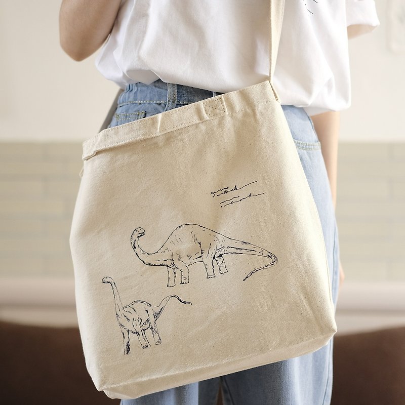 2 dinosaur reusable shopping bags - กระเป๋าแมสเซนเจอร์ - ผ้าฝ้าย/ผ้าลินิน สีกากี