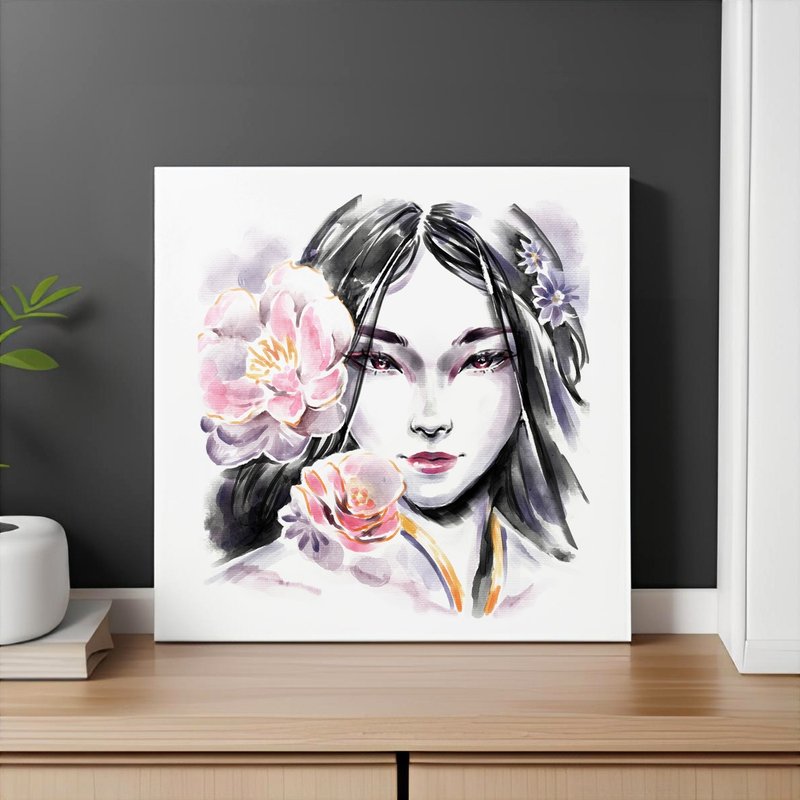 Black and White Sumi-e Portrait of Women Canvas Print for Living Room or Bedroom - Wall Décor - Paper White