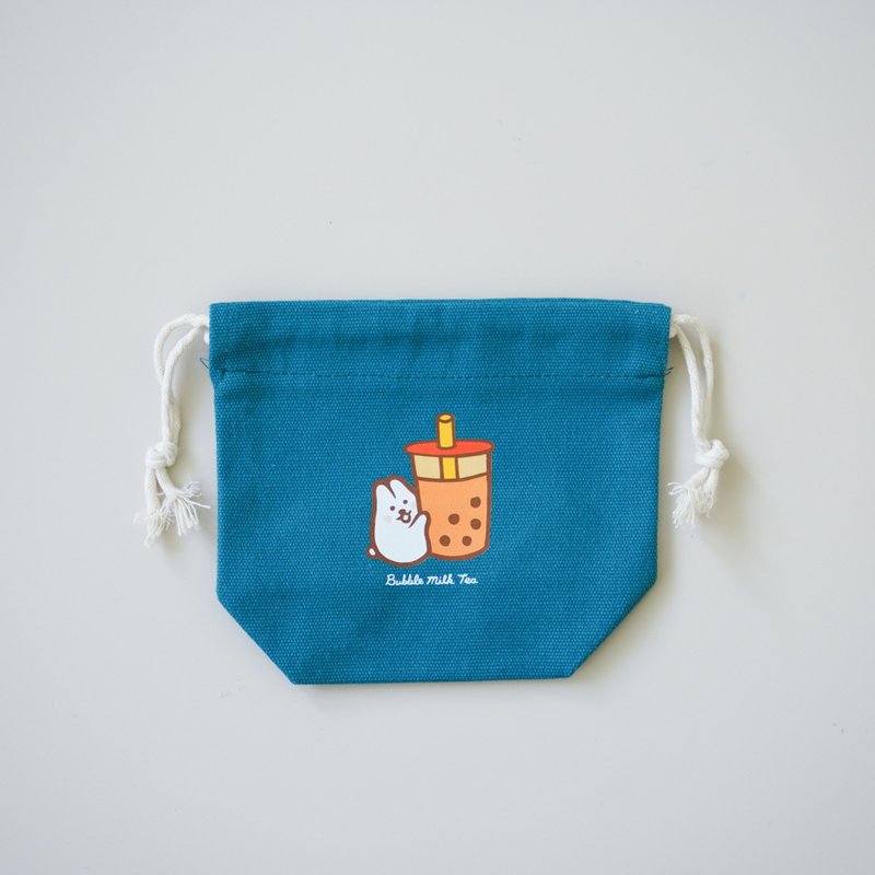 收納束口袋-麻糬兔珍珠奶茶(藍綠) - 束口袋/束口背包/水桶包 - 棉．麻 藍色
