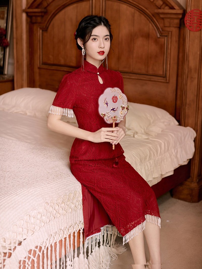 Wine red red peony water drop collar lace fringed cheongsam bride toast clothing retro new Chinese style dress - กี่เพ้า - ผ้าฝ้าย/ผ้าลินิน สีแดง