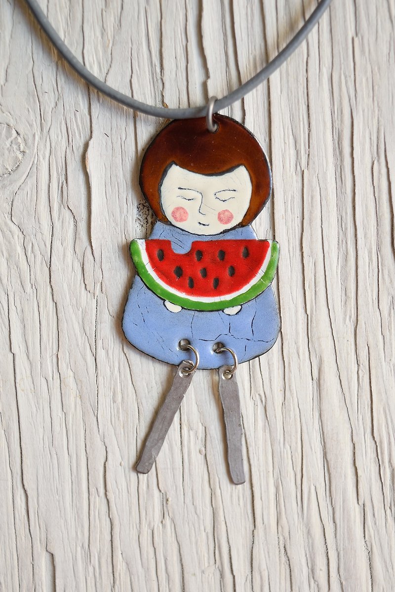Little Girl Jewelry, Eating watermelon enamel necklace, based on copper - 項鍊 - 琺瑯 藍色